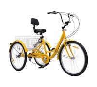 KumuJ Triciclo para adultos plegable de 24 pulgadas, 3 ruedas, 7 velocidades, bicicleta para adultos, triciclo, triciclo, bicicleta de crucero, con luz LED, cesta de verduras, portavasos (amarillo)
