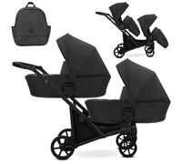 Kunert BRAV DUO - Cochecito gemelar 2 en 1+Accesorios: Confort, Seguridad, Practicidad, Diseño Elegante y Funcional, Sistema Versátil, Estructura de Aluminio (Polipiel Negro/Marco Negro)