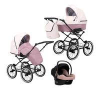 Kunert cochecito de bebé ROMANTIC retro silla de paseo silla de coche asiento de bebé juego completo 2 en 1 y 3 en1 (rosa eco- marco negro, 3en1 Cosmo)
