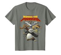 Kung Fu Panda Group Shot Action Portrait Movie Logo Camiseta, Niños, Verde Militar Jaspeado, 10 años