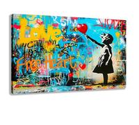 Kunstbruder Banksy Cuadros urbanos de arte callejero grande transversal, decoración del hogar, imagen de salón, lienzo de graffiti artístico, imágenes modernas de colores (niña con corazón_etiqueta