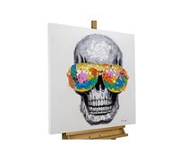 Kunstloft Cuadro decorativo | 100% PINTADO A MANO | 80x80cm | Pintura 'Calavera funky' | Moda y estilo de vida | Multicolor Gris | Cuadro moderno en lienzo