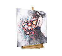 Kunstloft Cuadro decorativo | 100% PINTADO A MANO | 80x80cm | Pintura 'Flower Girl' | Mujer | Rosa Negro | Cuadro moderno en lienzo