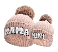Kunyeah 2 piezas Gorro de broche para padres e hijos, gorro de punto con bordado para mujer, gorro de mamá y bebé a juego, gorro de invierno cálido con pompón, Rosa., Talla única