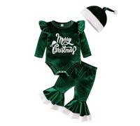 Kunyeah 3 Piezas Bebé Niña Outfit de Navidad - Mi 1ª Ropa Navideña, Top de Terciopelo Infantil + Pantalones de Campana + Gorro (Verde, 3-6 Meses)