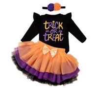 Kunyeah 3Pcs Primer disfraz de Halloween para bebé niña Vestido de bebé Romper Falda Tutú con Lazo y Cinta para la Cabeza Body Acción Gracias para Recién Nacido (Púrpura-naranja, 9-12 meses)