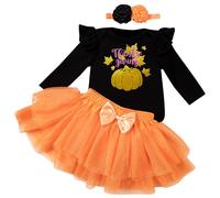 Kunyeah 3Pcs Primer disfraz de Halloween para bebé niña Vestido de bebé Romper Falda Tutú con Lazo y Cinta para la Cabeza Body Acción Gracias para Recién Nacido (Naranja, 1-3 meses)