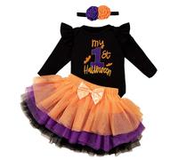 Kunyeah 3Pcs Primer disfraz de Halloween para bebé niña Vestido de bebé Romper Falda Tutú con Lazo y Cinta para la Cabeza Body Acción Gracias para Recién Nacido (My First, 12-18 meses)