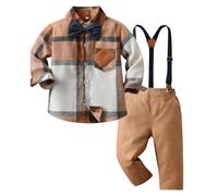 Kunyeah Atuendos de Caballero a Cuadros para Niño - Camisa de Manga Larga con Pajarita, Tirantes y Pantalones - Traje de Vestir para 1-6 Años (Marrón, 4-5 Años)