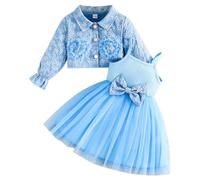 Kunyeah - Vestido de tutú para bebé y niña, vestido de tul sin mangas, chamarra de encaje floral, traje de manga larga para niña, Azul, 6-9 Meses