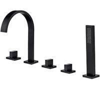 KUNYOS Grifería De Bañera Borde De 5 Orificios Grifería De Borde De Bañera Monomando Cascada De Bañera con Ducha De Mano Conjunto De Batidor De Borde De Bañera para Baño,Negro