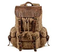 KUNYOS Mochila de cuero de caballo loco de lona encerada envejecida retro, bolsa for computadora de 16 pulgadas de gran capacidad, diseño de cierre doble con cordón(Brown)