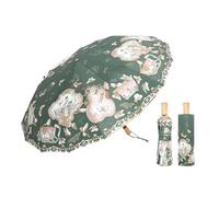 KUNYOS Paraguas compacto de alta gama con mango curvo retro y gancho dorado, protección solar for mujer, paraguas plegable de doble uso for días soleados y lluviosos(Green Wood)