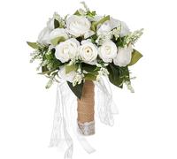 KUNYOS Wedding Bridal Bouquets, Artificial Roses, Bouquets with Lace Ribbons, Bride and Bridesmaid Hand Bouquets, Suitable for Wedding Accessories(White)