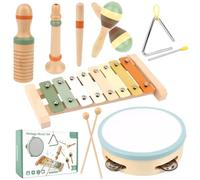 KUOFANY Instrumentos musicales para niños a partir de 3 años, juguete de madera con xilófono, triángulo, maracas, pandereta, maderas y clarinete, gris, apto para niños pequeños