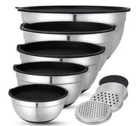 KUOGAS Juego de 5 Bol Acero Inoxidable,Bol Cocina,3 Accesorios para Ralladores, Cuencos Cocina Grande Antideslizante con tapa, Apilable, ProteccióN Contra Salpicaduras, Apto Para Lavavajillas