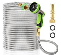 Kuosdaz- Manguera de jardín de metal de 100 pies, manguera de agua resistente de acero inoxidable con boquilla de latón, resistente y liviana, sin torceduras ni enredos, fácil de usar y almacenar, ade