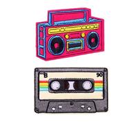 KUPOOL 2 parches para planchar para amantes de la música, cintas y grabadoras vintage, tela bordada, para coser o planchar, apliques punk para sombrero, pantalones, parche de bricolaje, azul, F,