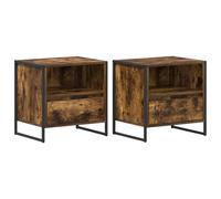 KUPTYERFG Juego de 2 mesitas de noche, color ahumado, 50 x 39,5 x 50 cm | Elegante mesa auxiliar de diseño industrial con 2 cajones para dormitorio, fabricada con madera resistente.