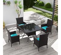 Kurapika Juego de muebles de patio de 5 piezas para exteriores, juego de mesa de comedor y sillas de mimbre de ratán para patio, mesa cuadrada de vidrio templado con agujero para sombrilla y juego de
