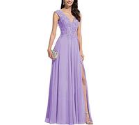 KURFACE Apliques de encaje vestidos de dama de honor con cuello en V con hendidura formal para fiesta de boda vestidos de baile para, Lila, 8