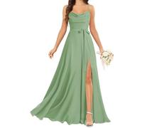 KURFACE Vestido de dama de honor con tirantes delgados para mujer, con abertura, plisado, de gasa, largo formal, vestido de noche, Verde Salvia, 48 Grande