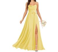 KURFACE Vestido de dama de honor con tirantes delgados para mujer, con abertura, plisado, de gasa, largo formal, vestido de noche, amarillo, 60 Grande