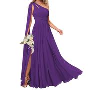 KURFACE Vestido de dama de honor con un hombro descubierto para mujer, con capa y abertura lateral, gasa, vestido largo formal para invitada de boda, Morado (, 48