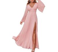 KURFACE Vestido de dama de honor de boda, acampanado, manga larga, vestido de novia con cuello en V, vestido de fiesta de noche para mujer, Blush Pink, 22 Más