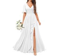 KURFACE Vestido de dama de honor de gasa con cuello en V y mangas plisadas, vestido largo de noche formal para fiesta, blanco, 54 Grande