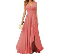KURFACE Vestido de dama de honor largo de gasa con cuello en V para mujer, con abertura, fruncido, acampanado, vestido formal, coral, 44