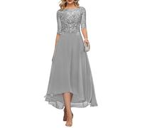 KURFACE Vestido de noche largo de gasa con mangas para madre de la novia, con apliques de encaje, longitud del té, vestido de noche formal, plata, 40