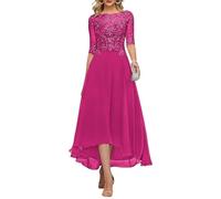 KURFACE Vestido de noche largo de gasa con mangas para madre de la novia, con apliques de encaje, longitud del té, vestido de noche formal, hot pink, 56
