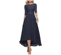 KURFACE Vestido de noche largo de gasa con mangas para madre de la novia, con apliques de encaje, longitud del té, vestido de noche formal, azul marino, 44