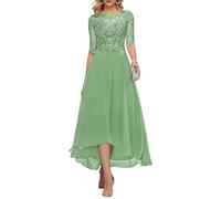 KURFACE Vestido de noche largo de gasa con mangas para madre de la novia, con apliques de encaje, longitud del té, vestido de noche formal, Verde Salvia, 44