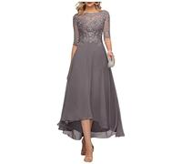 KURFACE Vestido de noche largo de gasa con mangas para madre de la novia, con apliques de encaje, longitud del té, vestido de noche formal, Wisteria, 40