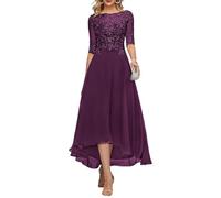 KURFACE Vestido de noche largo de gasa con mangas para madre de la novia, con apliques de encaje, longitud del té, vestido de noche formal, ciruela, 48