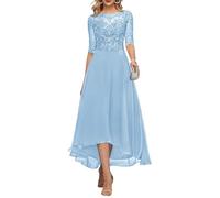 KURFACE Vestido de noche largo de gasa con mangas para madre de la novia, con apliques de encaje, longitud del té, vestido de noche formal, azul claro, 44