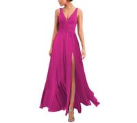 KURFACE WSX492 - Vestido de fiesta de boda con cuello en V para mujer, plisado, de gasa, formal, para invitados de boda, fucsia, 34