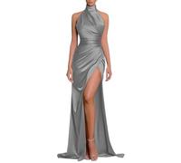 KURFACE WSX510 - Vestido largo de satén con cuello halter de sirena para mujer, con abertura, plisado, vestido formal de noche, gris, 34