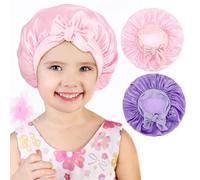 kurkip 2 Piezas Gorros de satén para niños, Lindo Gorro para Dormir con Lazo Gorro Bebe, Bebe Silk Bonnet con Banda Ancha Elástica, Gorro de Dormir para el Cabello Natural para niñas (Rosa + Morado)