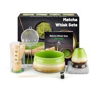 kurkip Kit de ceremonia japonesa de matcha de 7 piezas, batidor de matcha de bambú natural, cuenco de matcha, cuchara de bambú, colador, paño de cocina, soporte para batidor, juego completo de matcha