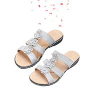 KURTIK Women's Floral-Embellished Slip on Sandals Comfortable Arch Support & Low Wedges Sandals with Flowers Arch Support Slide Shoes 2025 New (Gray,36)