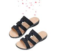 KURTIK Women's Floral-Embellished Slip on Sandals Comfortable Arch Support & Low Wedges Sandals with Flowers Arch Support Slide Shoes 2025 New (Black,38)