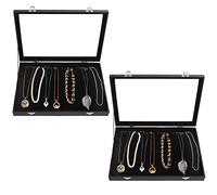Kurtzy Bandeja Joyas Terciopelo Negro Expositor de Joyas Bandeja 20 Ganchos y Tapa de Vidrio con Cierre Apilable (Pack 2) Organizador Joyas Cajones para Collares, Brazaletes, Pendientes y Tobilleras