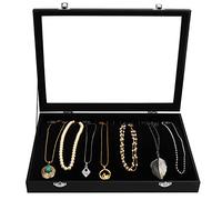 Kurtzy Bandeja Joyas Terciopelo Negro Expositor de Joyas Bandeja 20 Ganchos y Tapa de Vidrio con Cierre - Organizador Joyas Cajones para Collares, Brazaletes, Pendientes y Tobilleras