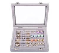 Kurtzy Bandeja Organizador de Joyas Terciopelo Gris Joyero para Anillos 7 Ranuras con Tapa - Expositor de Joyas con Tapa de Cristal Transparente para Anillos, Pendientes y Gemelos