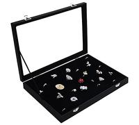 Kurtzy Bandeja Organizador de Joyas Terciopelo Negro Organizador Anillos 100 Ranuras con Tapa - Joyero Pendientes con Tapa de Cristal Transparente para Anillos y Gemelos