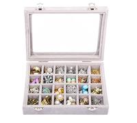 Kurtzy Bandeja Organizador Joyas para Anillos Terciopelo Gris (24 Secciones) Bandeja Joyas 20,2 x 15,1 x 4,6 cm - Joyeros Mujer Organizador con Tapa de Vidrio para Anillos, Pendientes y Brazaletes
