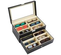 Kurtzy Caja Almacenamiento de Gafas - Caja Gafas 12 Compartimentos 2 Niveles - Organizador Gafas con Ventana Transparente - 12 Ranuras Gafas de Sol Estuche Unisex Negro con Llave